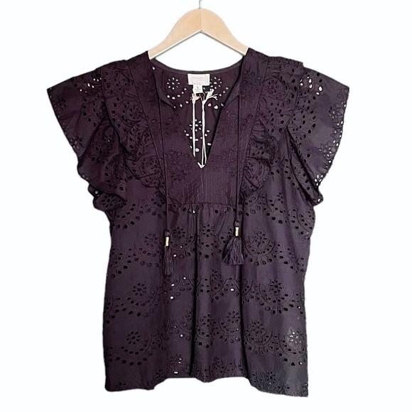 NWT Nicole Miller Top Black Cotton Eyelet Flutter Sleeve Blouse Size Small NEW - Picture 2 of 16